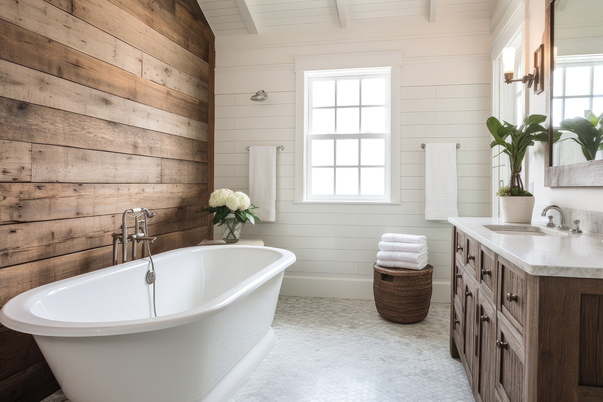 custom farm house style bathroom with old style porcelain sink and bathtub